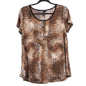 Susan Lawrence Leopard Print Top L Womens Stretchy Brown Black Short Sleeve